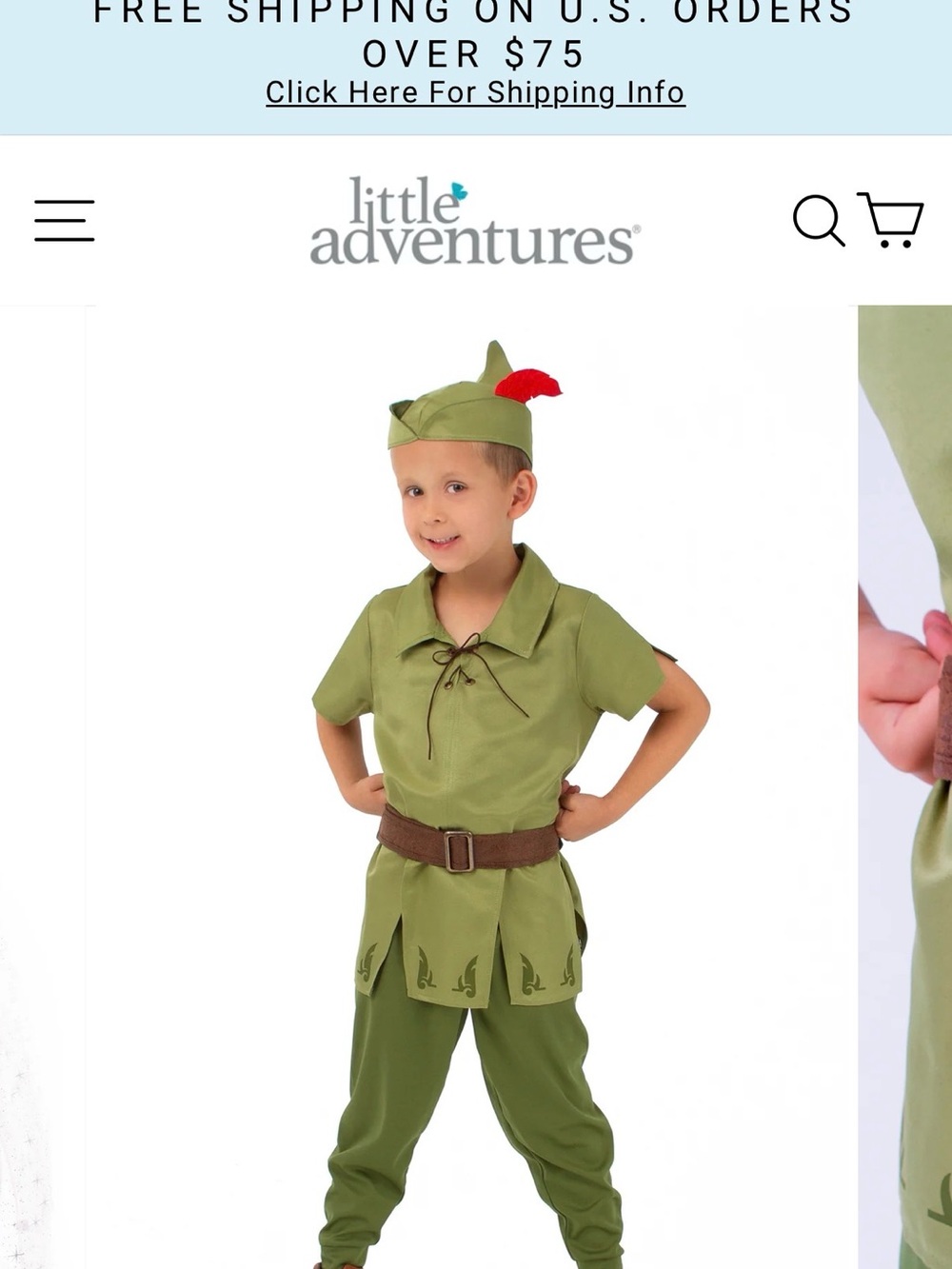 Little Adventures Kids Green Peter Pan Costume with Red Feather Hat